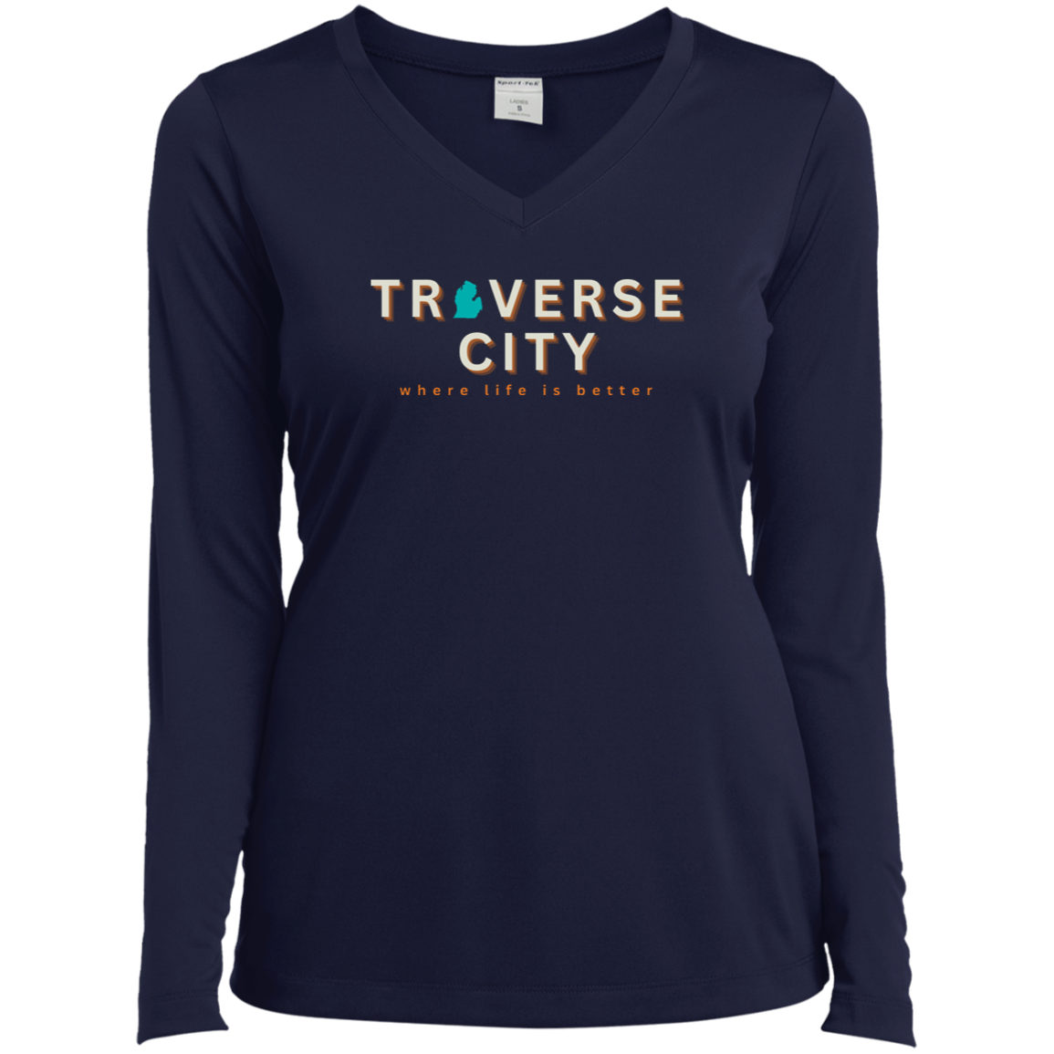 Traverse City ~Where Life is Better Ladies’ Long Sleeve Performance V-Neck Tee